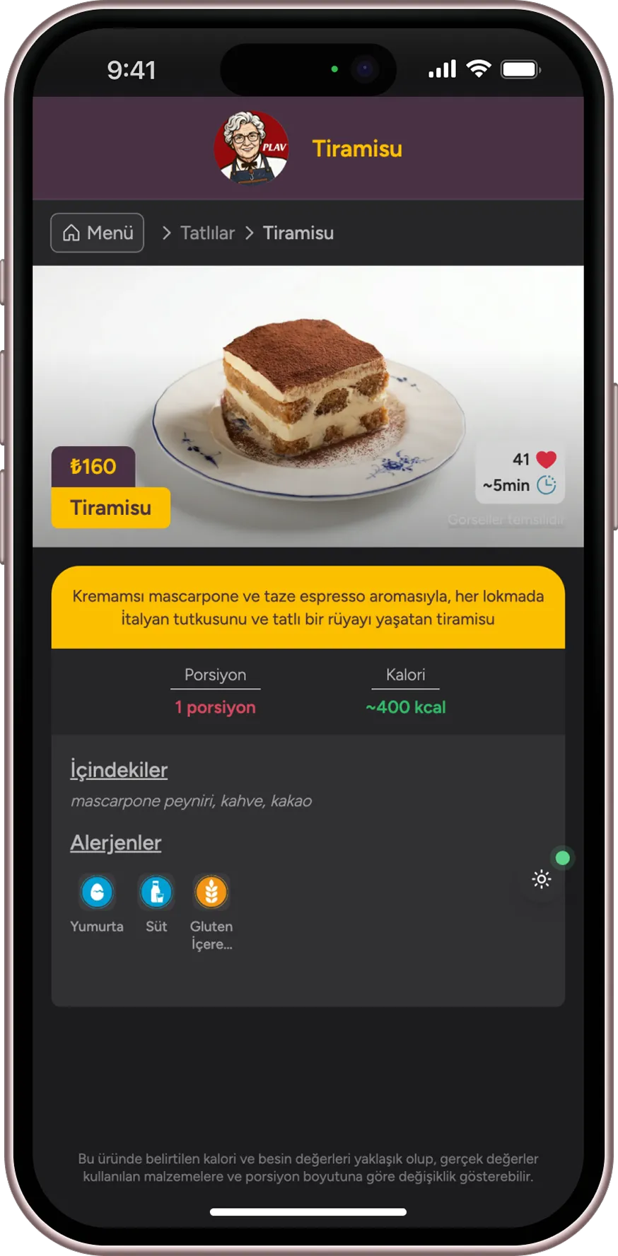 Menü detay sayfası telefon maketi