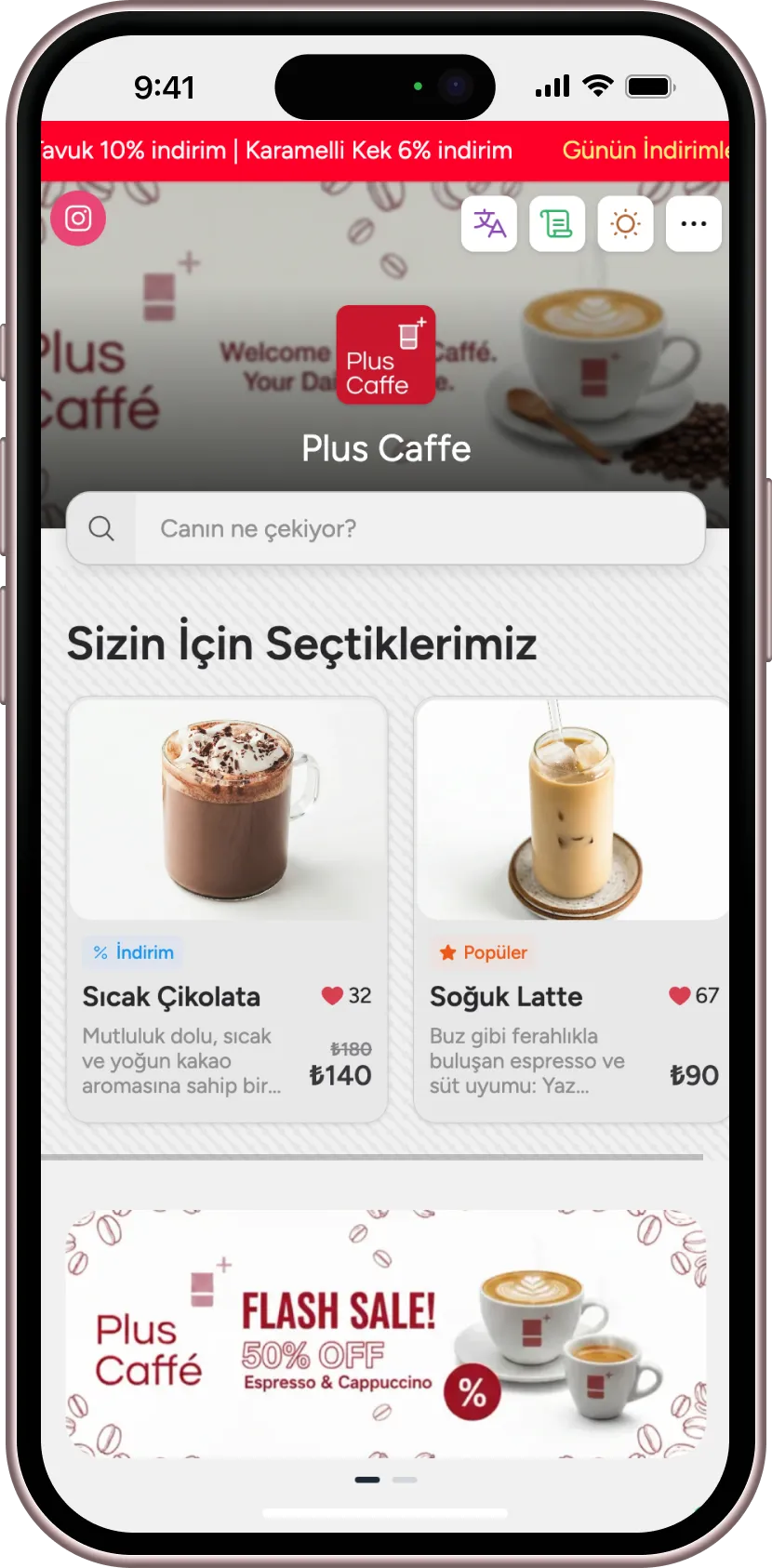Örnek Plus Menu menü ekran görüntüsü gösteren bir telefon